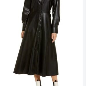 Faux Leather Button-Front Midi Shirt Dress in Black